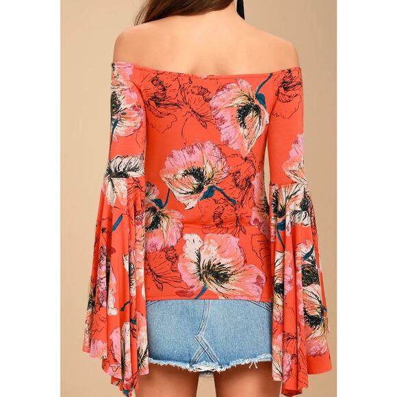 Free People Birds of Paradise Coral Orange Floral Print Top XS - Picture 6 of 8
